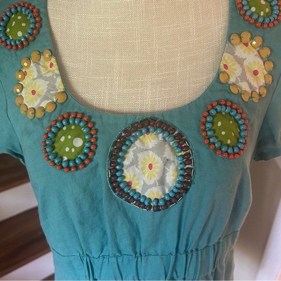 Boden Women’s Blue 100% Linen Tunic Boho Embellished Elastic Waist Beaded Sz 6 - Picture 4 of 11